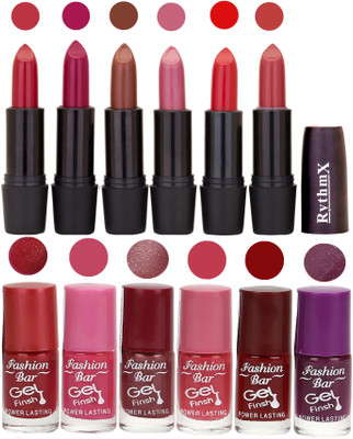 

Fashion Bar Gel Nail Polish Matte Lipstick 2 in 1 Combo Pack Bright Red,Mazanta Mauve,Brown,Voilet Purple,Red,Gajri and Sunset Red,Pink,Shimmer,Neon Pink,Cherry Red,Purple(Pack of 12)