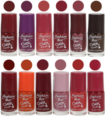 

Fashion Bar Nail Polish in (Cherry ,Purple,Pear Pink,Mauve,Light Purple,Brown,Red,Orange,Mauvish Red,Voilet Purple, Pink Shades) Cherry Red,Purple,Pear Pink,Mauve,Shimmer Light Purple,Deep Brown,Red,Orange,Mauvish Red,Voilet Purple,Pink,Deep Pink(Pack of 