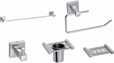 FORTUNE Combo of 5 - Piece Bathroom Accessories Set Towel Rod/ Napkin Ring/ Soap Dish/ Tumbler Holder/ Robe Hook Silver Towel Holder(Stainless Steel)