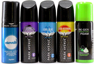 

Park Avenue Re-Gen Shavign Foam, Good Morning, Cool Blue, Storm & Elevate Travel Pack Deodorant Spray - For Men(185 ml)