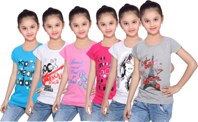 

IndiWeaves Girls Printed Cotton T Shirt(Blue, Pack of 6, Blue;grey;pink;white