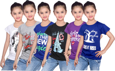 

IndiWeaves Girls Printed Cotton T Shirt(White, Pack of 6, Black;blue;grey;purple;white