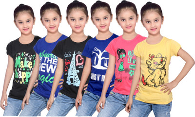 

IndiWeaves Girls Printed Cotton T Shirt(Black, Pack of 6, Black;blue;red;yellow
