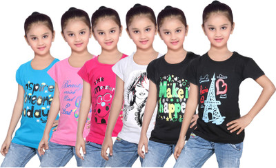 

IndiWeaves Girls Printed Cotton T Shirt(Blue, Pack of 6, Black;blue;pink;white