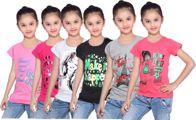 

IndiWeaves Girls Printed Cotton T Shirt(Pink, Pack of 6, Black;grey;pink;red;white
