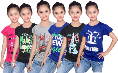 

IndiWeaves Girls Printed Cotton T Shirt(Pink, Pack of 6, Black;blue;grey;pink