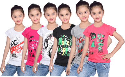 

IndiWeaves Girls Printed Cotton T Shirt(White, Pack of 6, Black;grey;pink;red;white