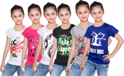 

IndiWeaves Girls Printed Cotton T Shirt(White, Pack of 6, Black;blue;grey;pink;white