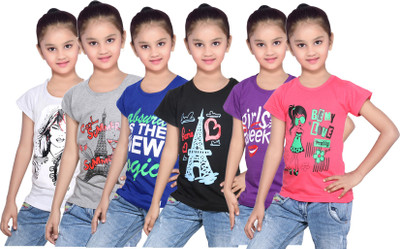 

IndiWeaves Girls Printed Cotton T Shirt(White, Pack of 6, Black;blue;grey;purple;red;white