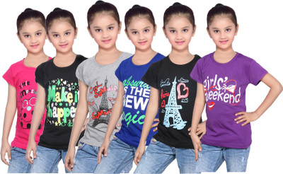 

IndiWeaves Girls Printed Cotton T Shirt(Pink, Pack of 6, Black;blue;grey;pink;purple
