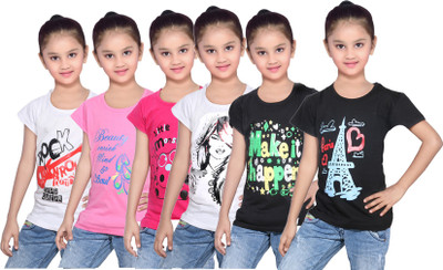 

IndiWeaves Girls Printed Cotton T Shirt(White, Pack of 6, Black;pink;white