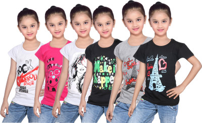 

IndiWeaves Girls Printed Cotton T Shirt(White, Pack of 6, Black;grey;pink;white