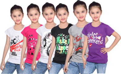 

IndiWeaves Girls Printed Cotton T Shirt(White, Pack of 6, Black;grey;pink;purple;white