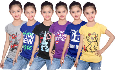 

IndiWeaves Girls Printed Cotton T Shirt(Grey, Pack of 6, Black;blue;grey;purple;yellow