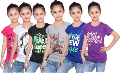 

IndiWeaves Girls Printed Cotton T Shirt(Pink, Pack of 6, Black;blue;grey;pink;purple;white