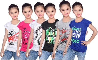 

IndiWeaves Girls Printed Cotton T Shirt(White, Pack of 6, Black;blue;grey;pink;white