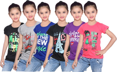 

IndiWeaves Girls Printed Cotton T Shirt(Black, Pack of 6, Black;blue;grey;purple;red