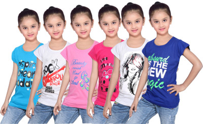 

IndiWeaves Girls Printed Cotton T Shirt(Blue, Pack of 6, Blue;pink;white