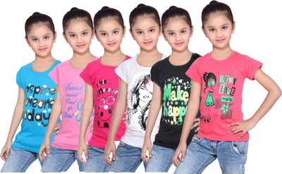 

IndiWeaves Girls Printed Cotton T Shirt(Blue, Pack of 6, Black;blue;pink;red;white
