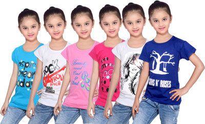 

IndiWeaves Girls Printed Cotton T Shirt(Blue, Pack of 6, Blue;pink;white