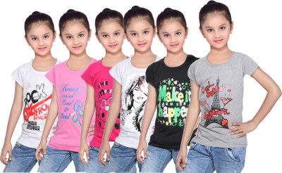 

IndiWeaves Girls Printed Cotton T Shirt(White, Pack of 6, Black;grey;pink;white