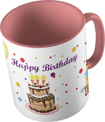 

MiiCreations Printed Two Tone Pink And White Happy Birthday Ceramic Mug(325 ml), Pink;white