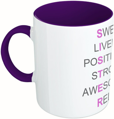 

MiiCreations Printed Two Tone Blue And White Sweet | Lively| Positive | Strong | Awesome | Reliable Ceramic Mug(325 ml), Multicolor