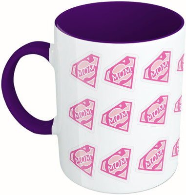 

MiiCreations Printed Two Tone Blue And White Super Mom | I Love Mom Ceramic Mug(325 ml), Multicolor