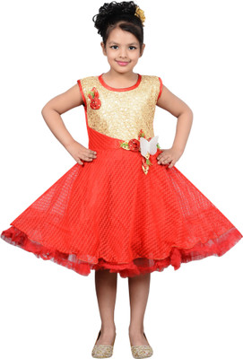 

P.R. Creation Girls Midi/Knee Length Party Dress(Red, Sleeveless