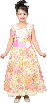 

P.R. Creation Girls Midi/Knee Length Party Dress(Multicolor, Sleeveless, Pink