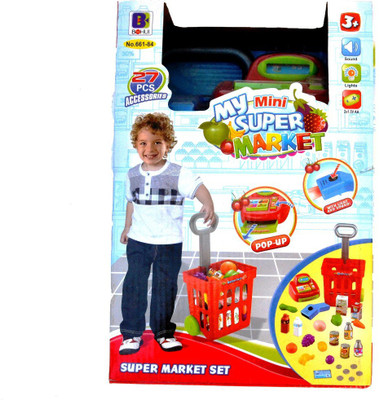 

Taaza Garam Olly Polly high quality kids mini Supermarket 27 pcs Playset Shopping Cart or Role Play Set with Light & Sound