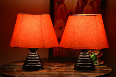 

Beverly Studio small Oval shaped 10 inches red combo bed side Table Lamp(25 cm, Red)