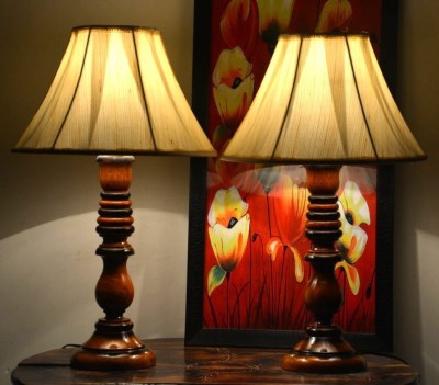 Beverly Studio 12 Inches diameter beige khadi combo wooden lamp Table Lamp(50 cm, Beige) at flipkart