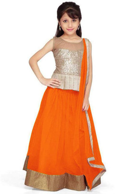 NAZARA FASHION Girls Lehenga Choli Ethnic Wear Self Design Lehenga, Choli and Dupatta Set(Orange, Pack of 1