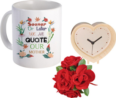

SKY TRENDS Gift For Mother Printed Coffee With Table Clock And Flower Bunch Birthday/Anniversary Also AJT-006 Ceramic Mug(350 ml, Pack of 3), Multicolor