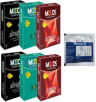 

Moods Allnight, Dotted & Ultrathin (Set of 6, 120'S) With Free Dr. Morepen ( HCG Pregnancy Test Kit ) Condom(Set of 6, 120S)