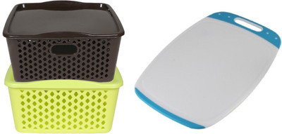 

CSM Combo Of 2 Multipurpose Baskets With Lid and 1 Chopping Board Plastic Cutting Board(Multicolor Pack of 3)