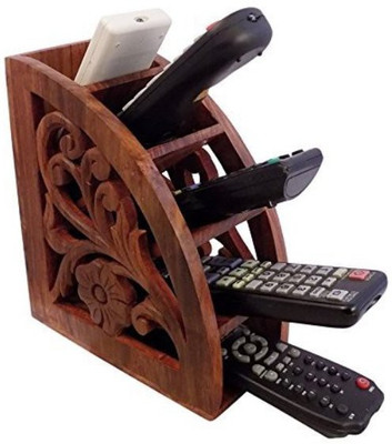 

RGRANDSONS 5 Compartments Wooden Handmade Wooden Remote Control Storage Holder Stand Organizer Rack Flower Design(Brown)