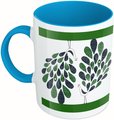 

MiiCreations Printed Two Tone Blue And White Feather Ceramic Mug(325 ml), Multicolor