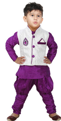 JBN Creation Boys Kurta, Waistcoat and Pyjama Set, Majenta & cream