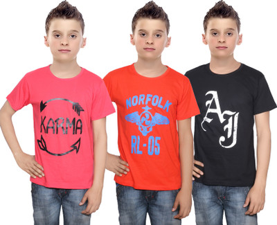 

IndiWeaves Boys Printed Cotton T Shirt(Multicolor, Pack of 3, Black;orange;red