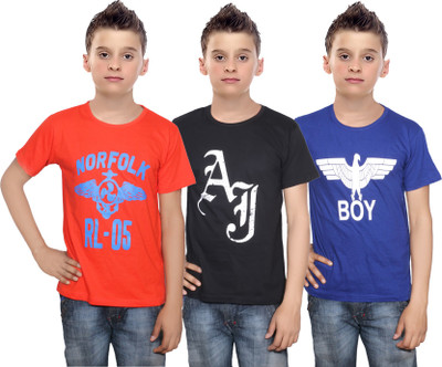 

IndiWeaves Boys Printed Cotton T Shirt(Multicolor, Pack of 3, Black;blue;orange