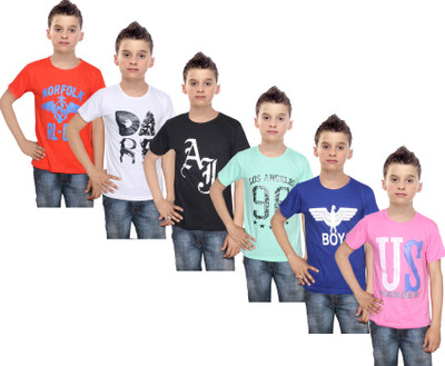 

IndiWeaves Boys Printed Cotton T Shirt(Multicolor, Pack of 6, Black;blue;green;orange;pink;white