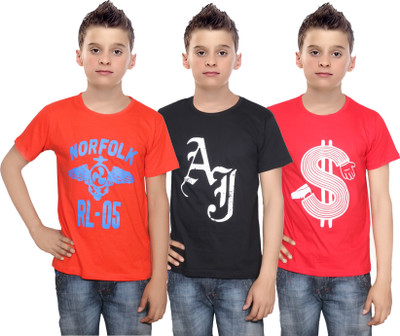 

IndiWeaves Boys Printed Cotton T Shirt(Multicolor, Pack of 3, Black;orange;red