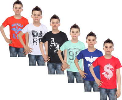 

IndiWeaves Boys Printed Cotton T Shirt(Multicolor, Pack of 6, Black;blue;green;orange;red;white