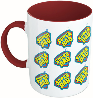 MiiCreations Printed Two Tone Maroon And White Super Dad | I Love Dad Ceramic Mug(325 ml), Multicolor