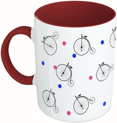 

MiiCreations Printed Two Tone Maroon And White Bicycle Pattern Ceramic Mug(325 ml), Multicolor