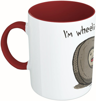 

MiiCreations Printed Two Tone Maroon And White I'm Wheelie Tired Ceramic Mug(325 ml), Multicolor