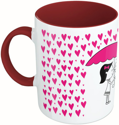 

MiiCreations Printed Two Tone Maroon And White Love And Heart Ceramic Mug(325 ml), Multicolor