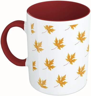 

MiiCreations Printed Two Tone Maroon And White Leaf Pattern Ceramic Mug(325 ml), Multicolor